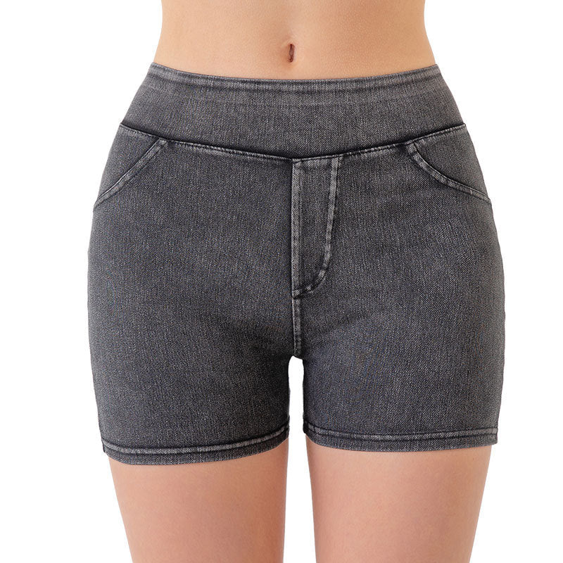 Denim-Look High-Waist Hip-Lifting Yoga Shorts – Slimming Tummy Control Fitness Shorts