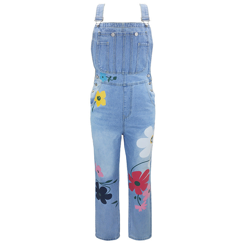 Women's Printed Ripped Loose Straight-Leg High-Waist Denim Pants