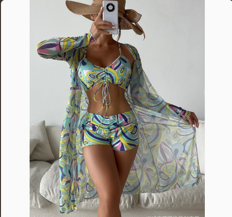 Mesh Cover-Up Three-Piece Swimwear Set – Bikini with Leg-Length Briefs
