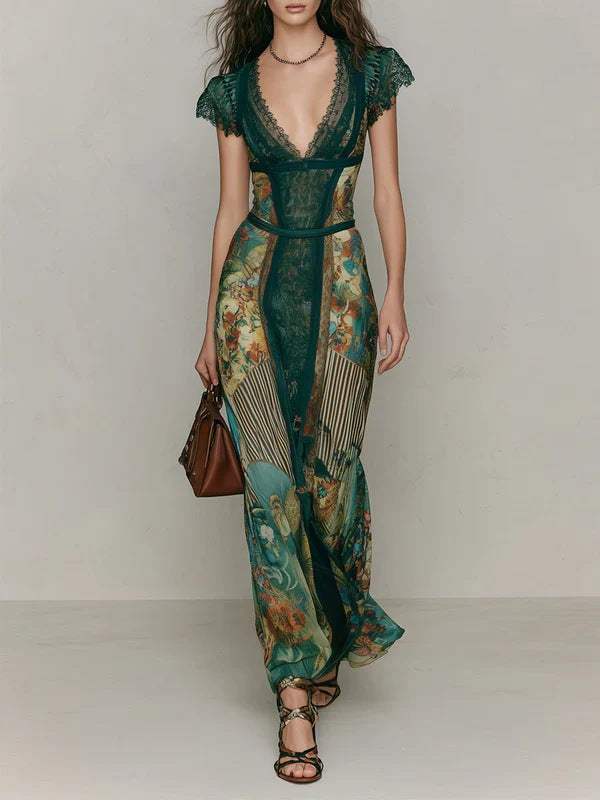 Women's Vintage Lace V-Neck Short Sleeve Oil Painting Print Fishtail Maxi Dress – Dark Green