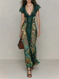 Women's Vintage Lace V-Neck Short Sleeve Oil Painting Print Fishtail Maxi Dress – Dark Green