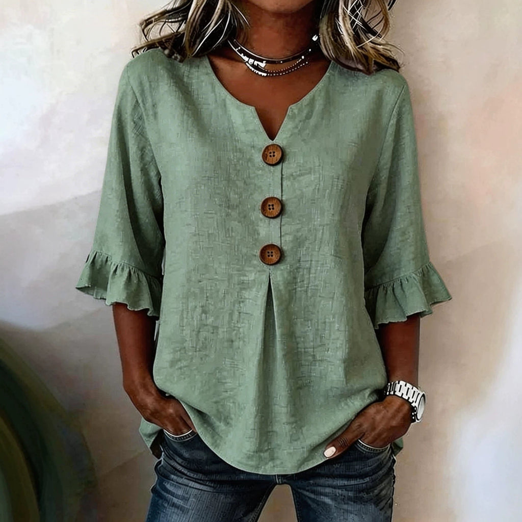 Women's Cotton Linen V-Neck Button-Up Blouse — Summer Casual Top