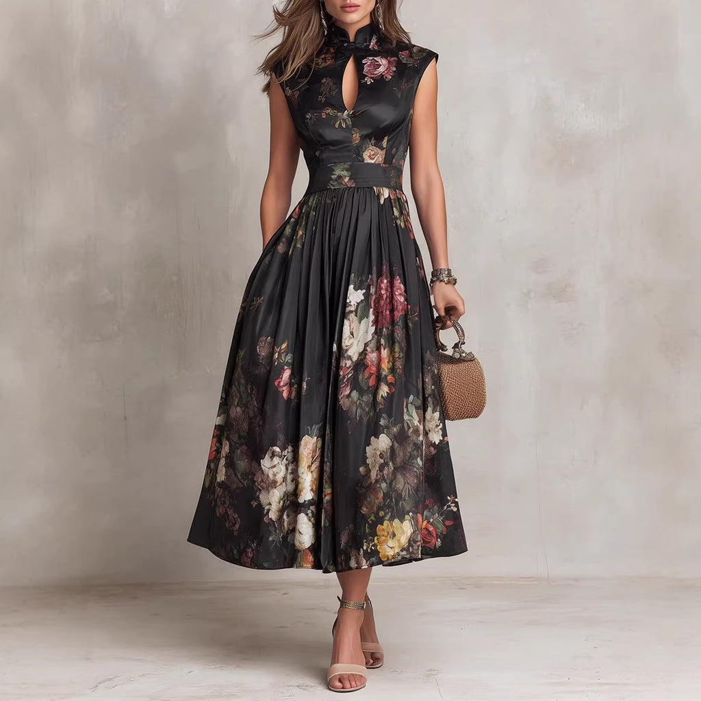 Black Digital Floral Print High-Waist Maxi Dress – Sleeveless Irregular Hem Long Dress