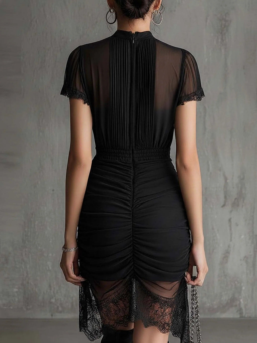 Black Lace Patchwork Slit Midi Dress – Slim-Fit High-Waist See-Through Dress for Women