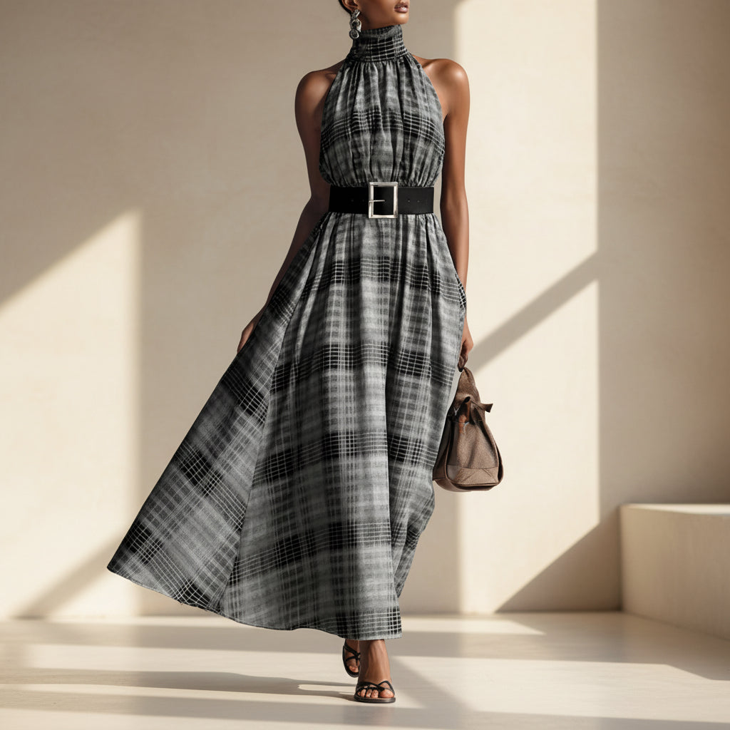 Sleeveless Plaid High Waist Lace-Up A-Line Maxi Dress for Women – Black & White Check