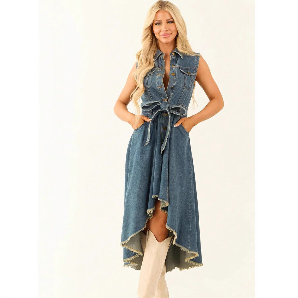 Women's Sleeveless Denim Midi Dress – Irregular Hem Button-Front
