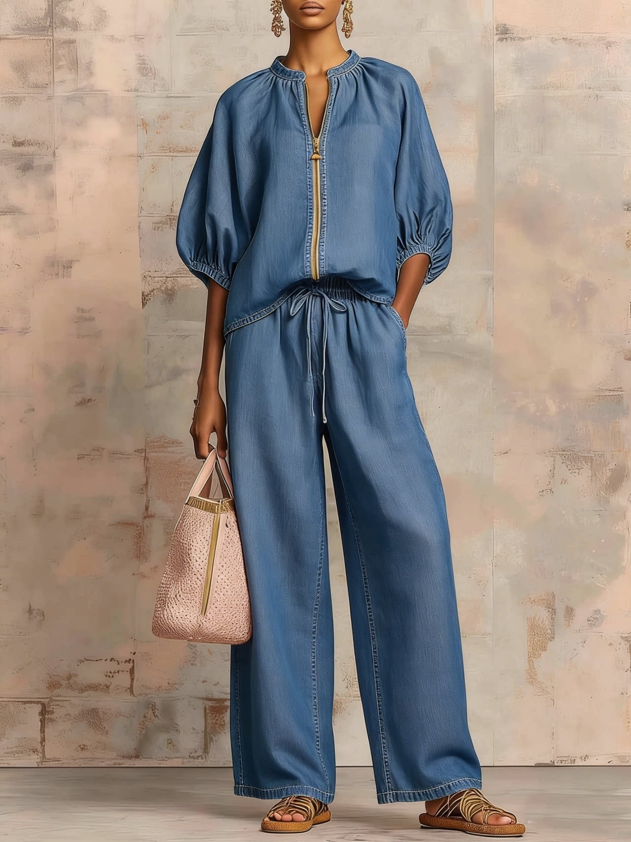 Women's Casual Loose Zipper Round Neck Wide-Leg Pants Set
