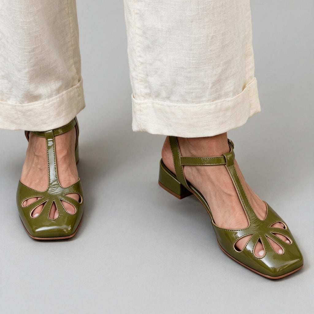 Women's Retro T-Strap Block Heel Sandals – Floral Cut-Out Square Toe