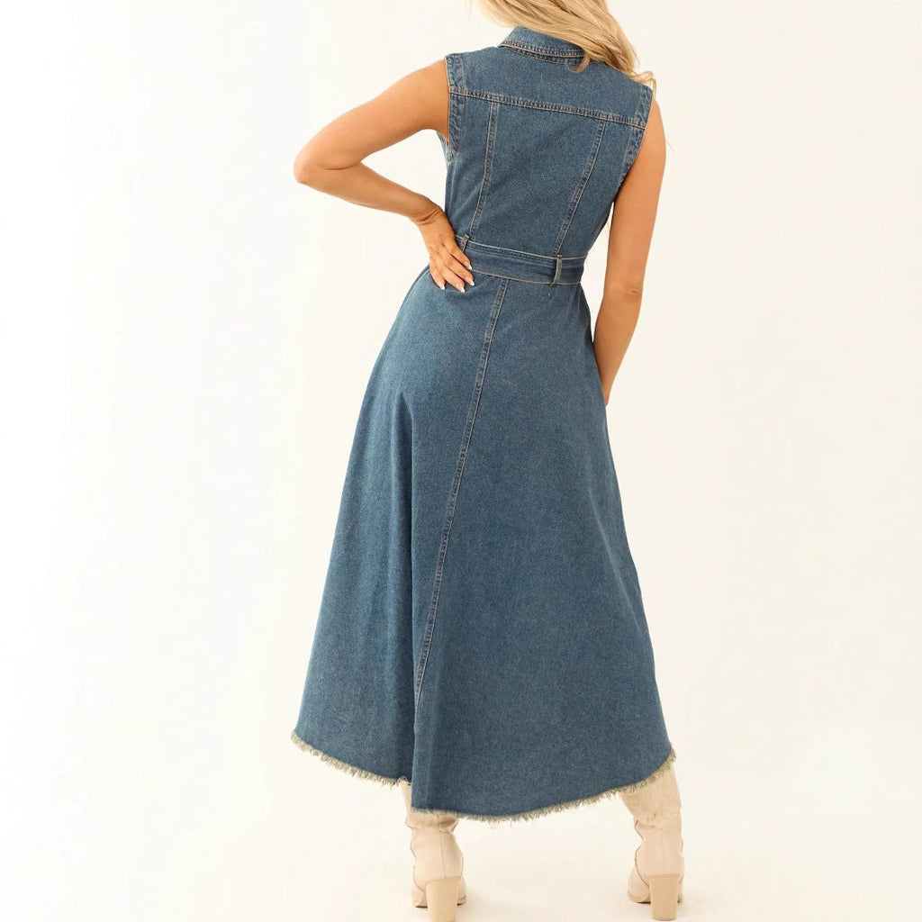 Women's Sleeveless Denim Midi Dress – Irregular Hem Button-Front