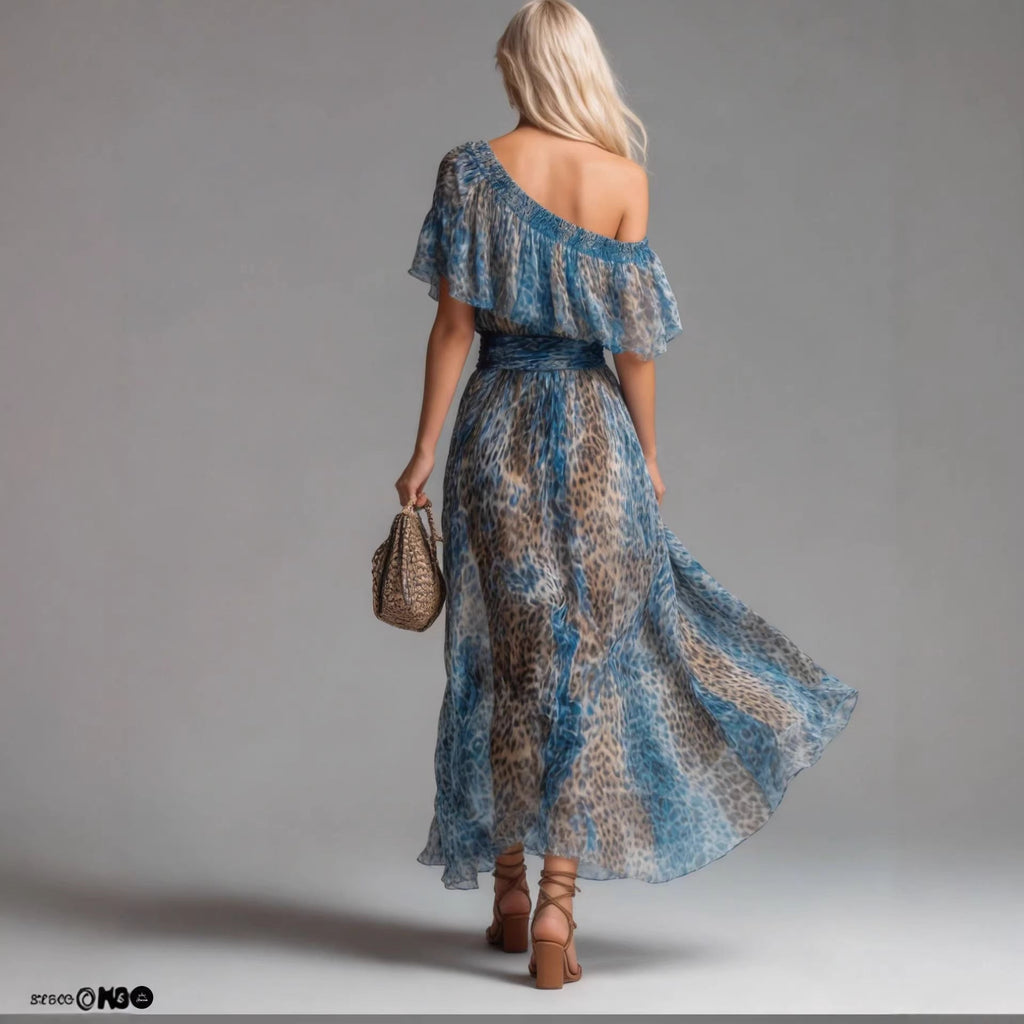 Women's Leopard Print Asymmetrical Shoulder Maxi Dress | Ruffle Waist-Cinching Boho Dress