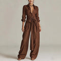 Women's Collar Long Sleeve Top & High-Waist Pants Two-Piece Set – 5 Colors