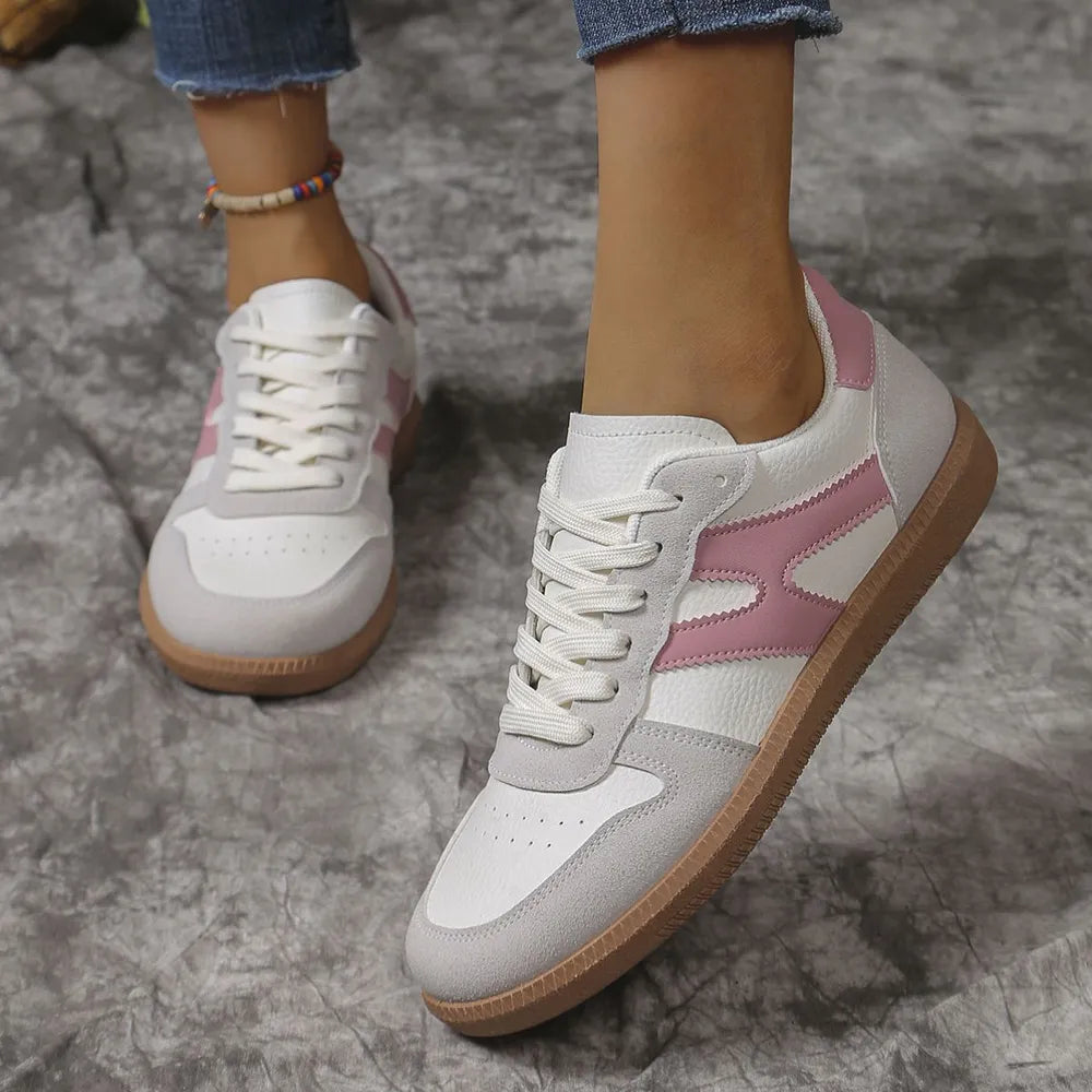 Contrast Lace-Up Round Toe Flat Sneakers – PU Cloth Casual