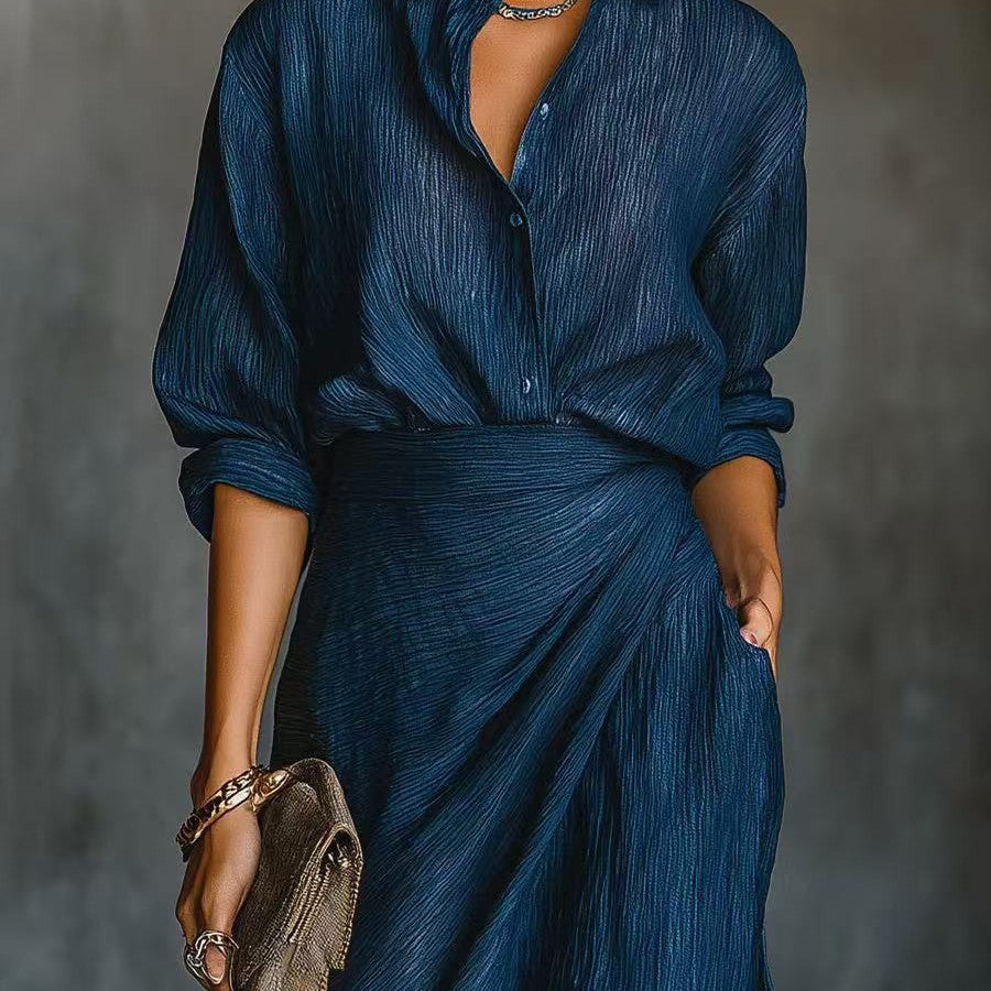 Women's Two-Piece Pleated Shirt & Draped Wrap Maxi Skirt Set – Long Sleeve Button Top
