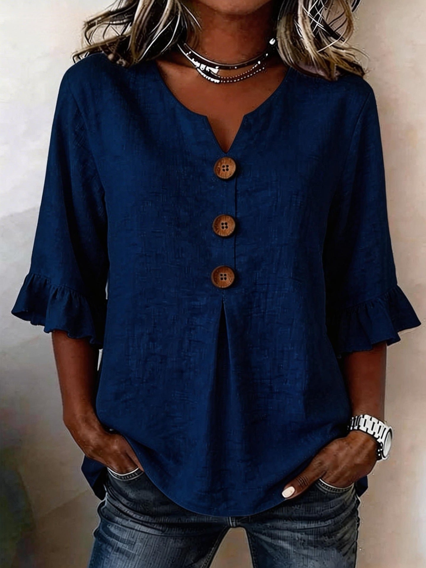 Women's Cotton Linen V-Neck Button-Up Blouse — Summer Casual Top