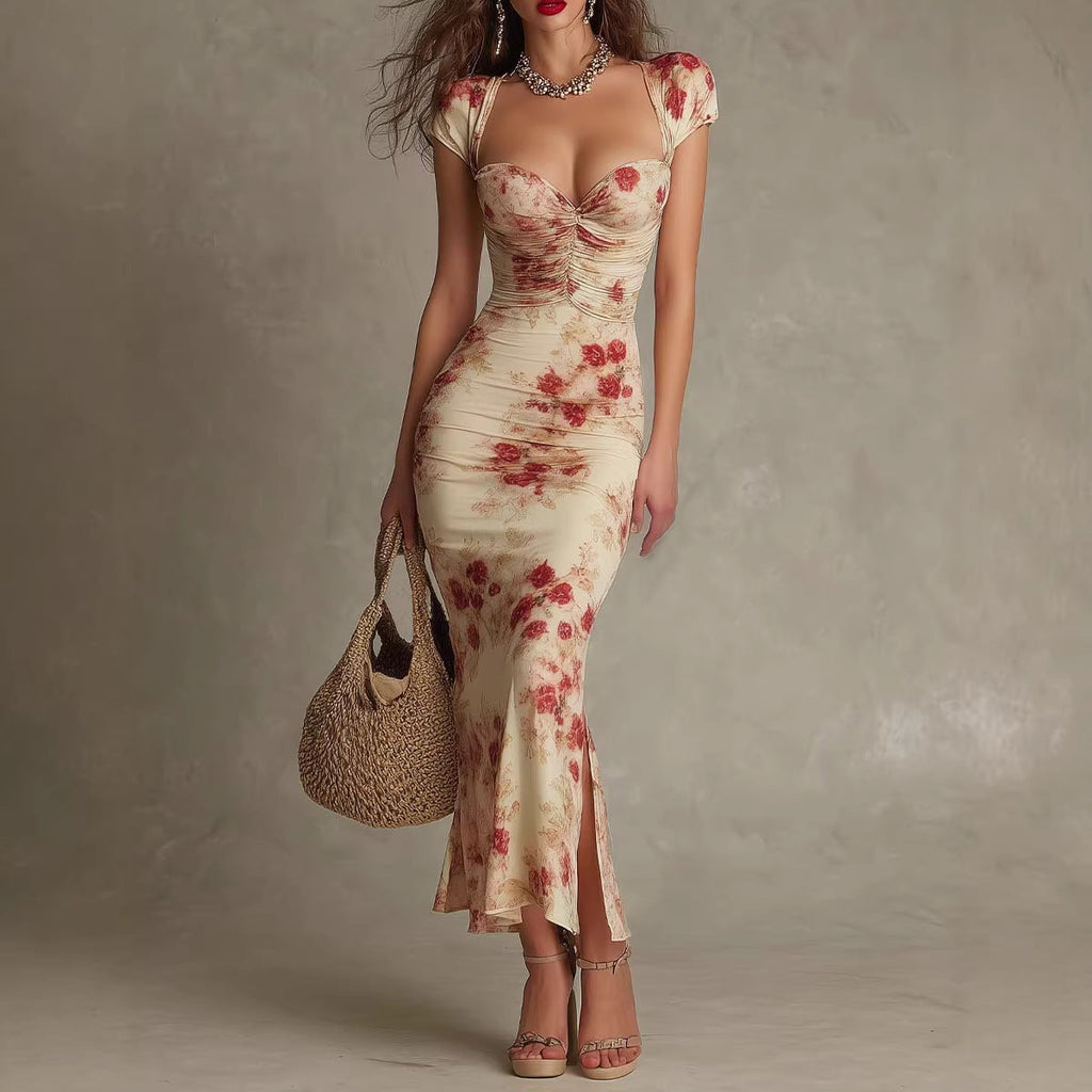 Women's Vintage Printed Sweetheart Neck Bodycon Midi Dress