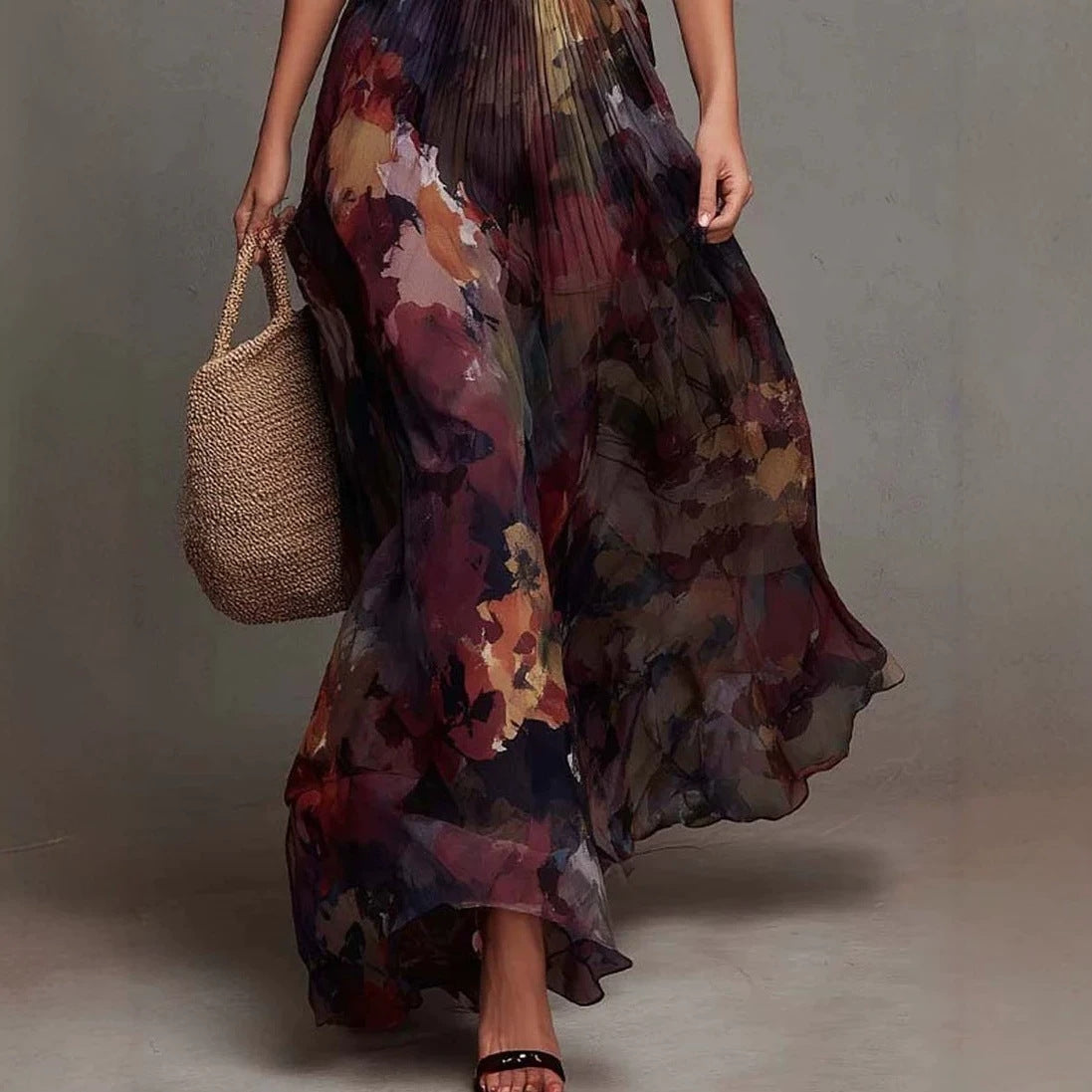 Women's Deep V-Neck Painted Print Chiffon Maxi Dress | Fitted Waist Flowy A-Line Dress