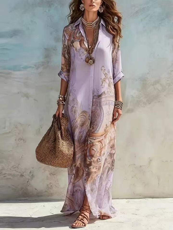 Chiffon Digital Print Vintage Flowy Midi Dress – Women's Button-Front Sundress