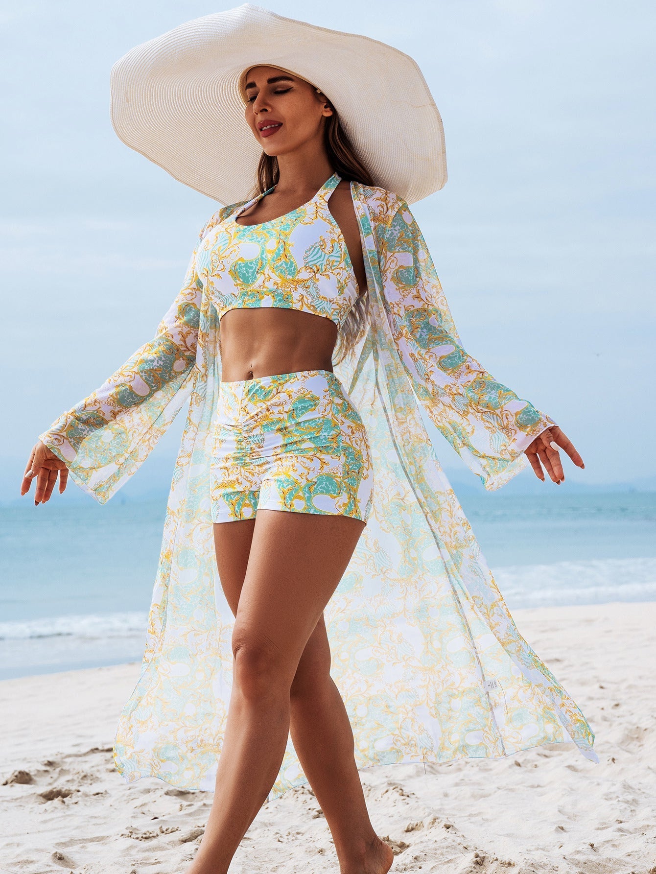 Multi-Color Print Bikini Three-Piece Set – Padded Swimwear for Women