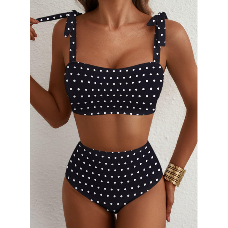 Tie-Shoulder Striped High-Waisted Bikini Set – Two-Piece Swimsuit for Women