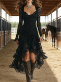 Women's Elegant Lace Panel High-Waist Square Neck Long Sleeve Maxi Dress