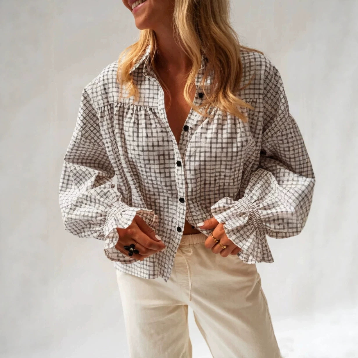 Women's Plaid Flared Sleeve Loose Fit Long Sleeve Shirt