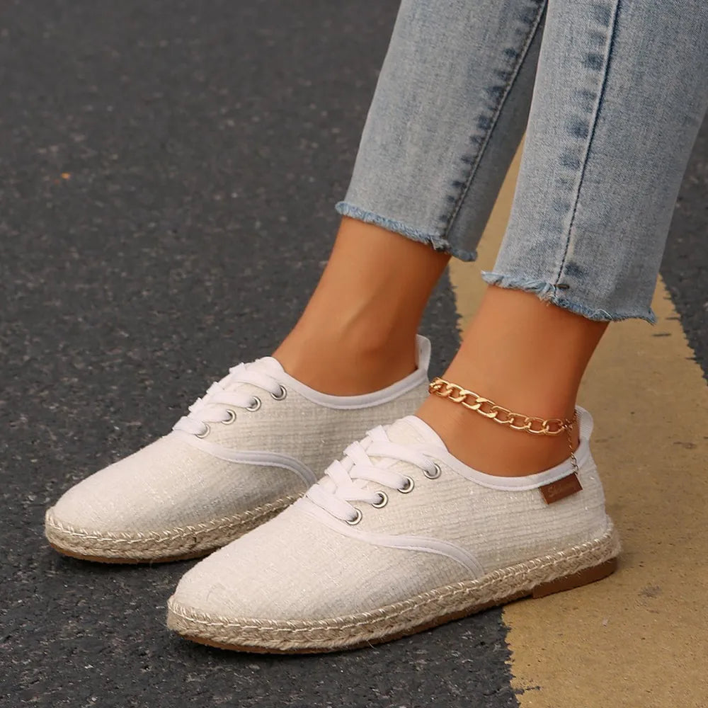 Tweed Lace-Up Round Toe Flat Sneakers – Canvas PU Casual