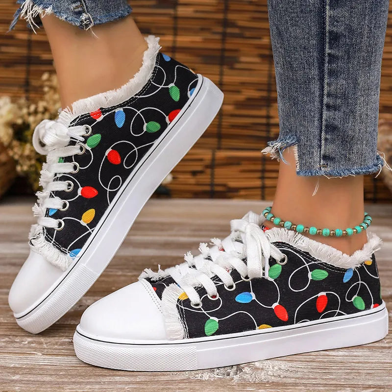 Raw Hem Printed Round Toe Sneakers – Canvas Flat Casual