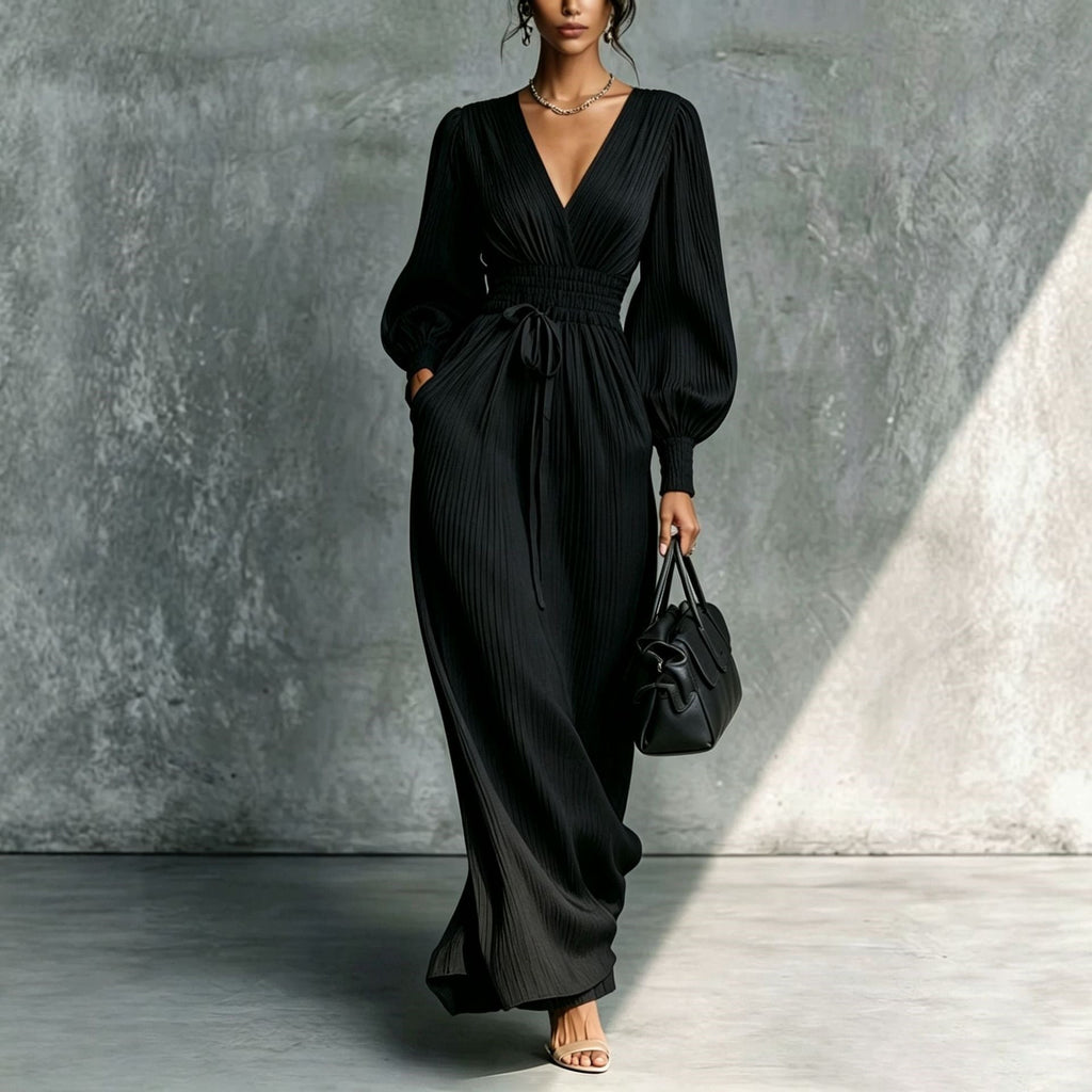 Women's Deep V-Neck Pleated Bishop Sleeve Smocked Waist Maxi Dress