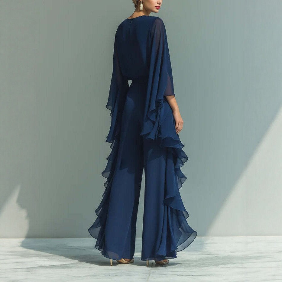 Deep Blue Ruffle Wide-Leg Pants Set – Elegant Two-Piece Batwing Sleeve Outfit for Women