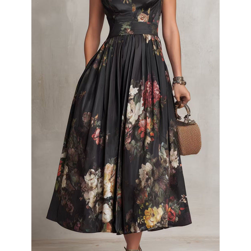 Women's Black 3D Floral Print Mandarin Collar Sleeveless Maxi Dress