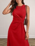 Women's Solid Color Twist Knot Sleeveless Midi Dress – Round Neck Side Ruched Asymmetric Hem