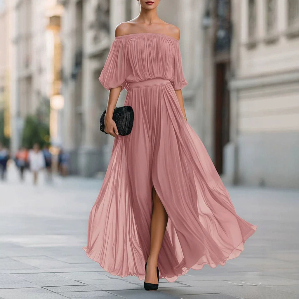 Women's One-Shoulder Ruffle Sleeve Chiffon Maxi Dress | Side Split High Waist Dress in 3 Colors