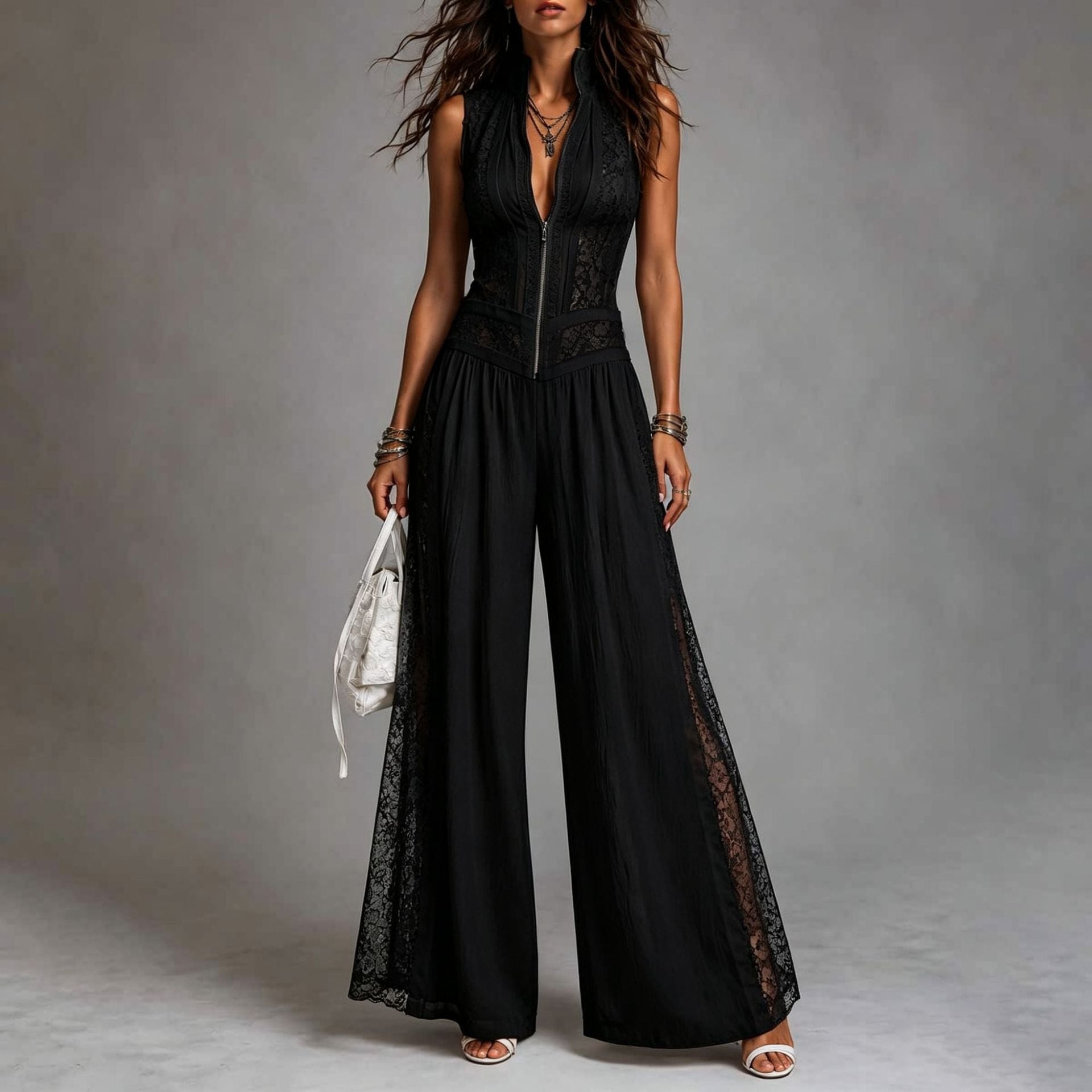 Sleeveless Lace Patchwork Wide-Leg Jumpsuit – High Waist Zip Front