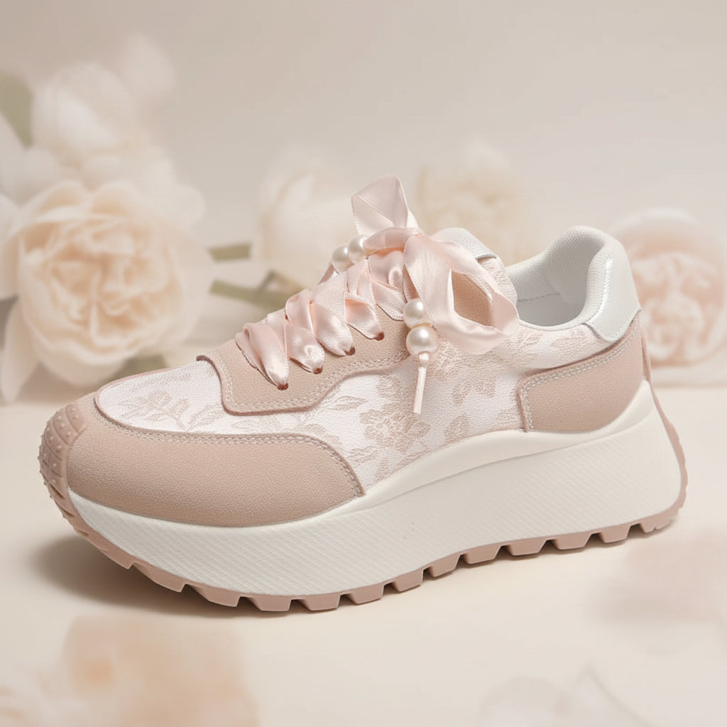Lace-Up Platform Athletic Sneakers – PU Microfiber Mid Heel