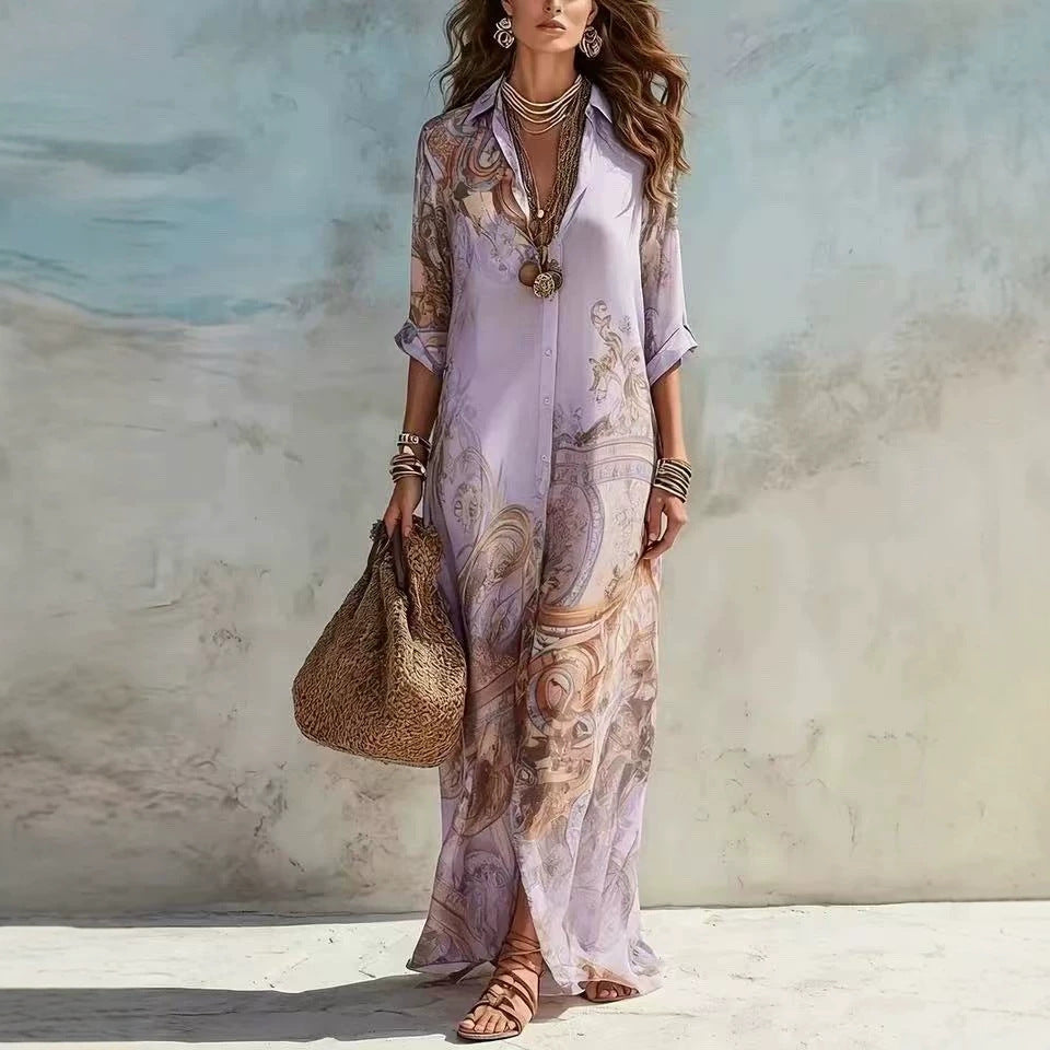 Chiffon Digital Print Vintage Flowy Midi Dress – Women's Button-Front Sundress