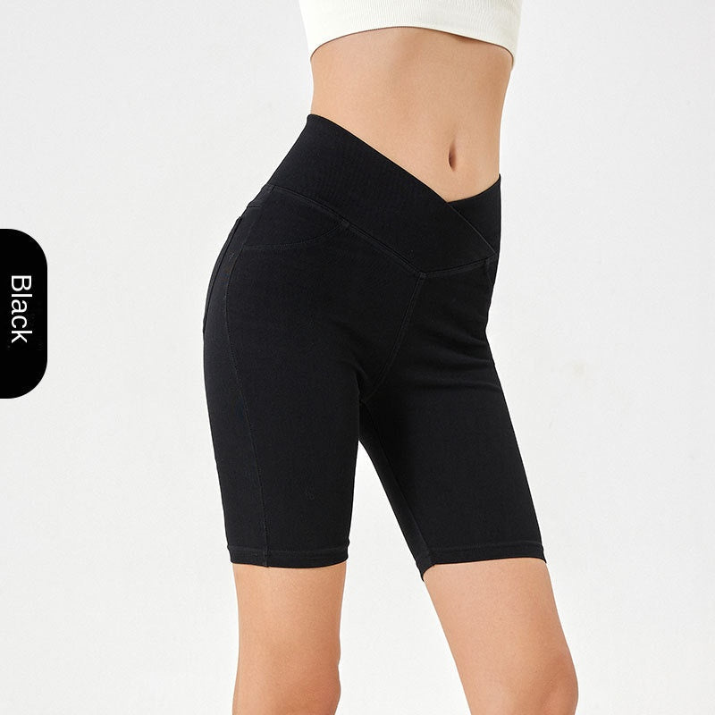 High-Waist Stretchy Denim Shorts with Pockets – Slimming Casual Fitness Shorts