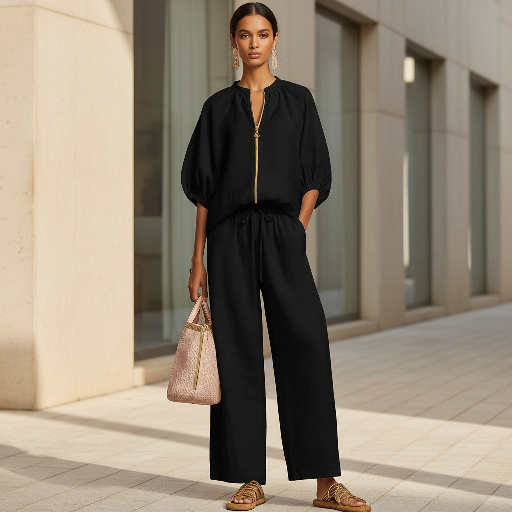 Women's Casual Loose Zipper Round Neck Wide-Leg Pants Set