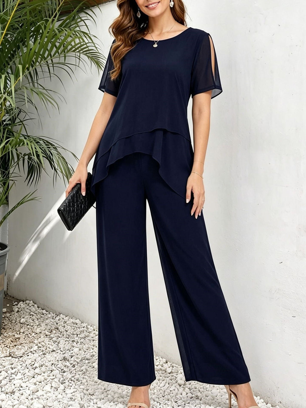 Women's Irregular Hem Top & Wide Leg Pants Two-Piece Set