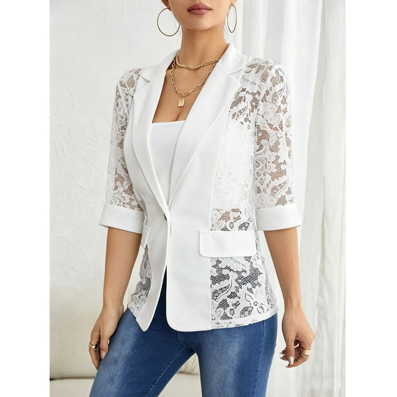 Women's Lace Patchwork Blazer | Three-Quarter Sleeve One-Button Suit Jacket in White & Black