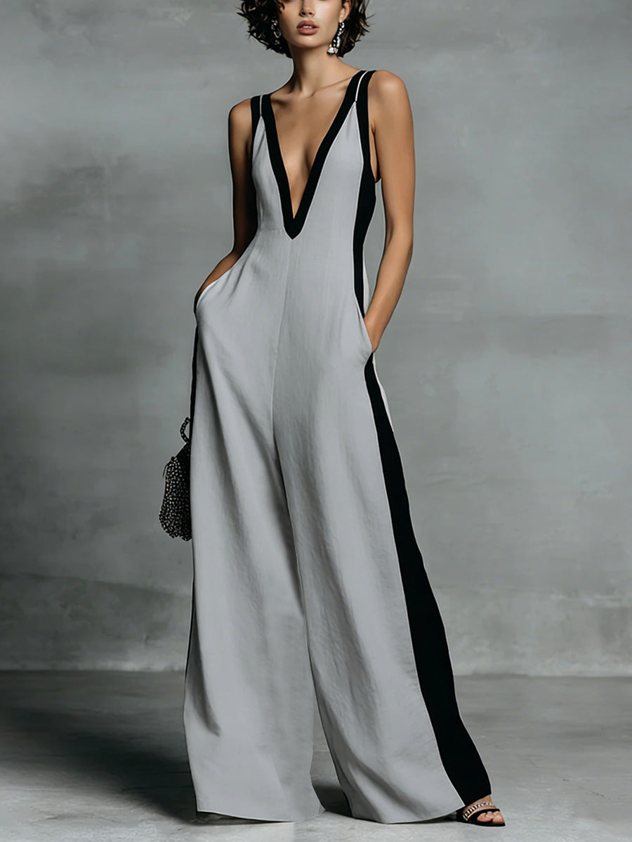 Women's Color-Block Sleeveless V-Neck Wide-Leg Jumpsuit – French Style Long Pants
