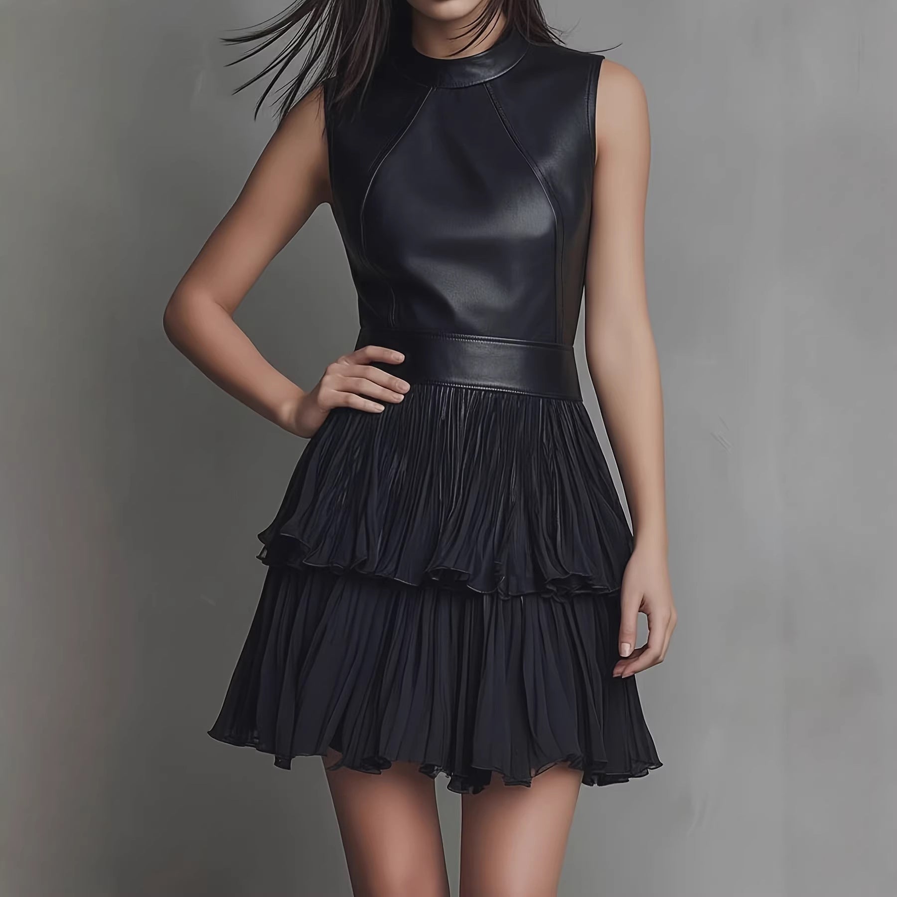 Black PU Leather Spliced Mini Dress – Sleeveless Double-Layer Ruffle Hem