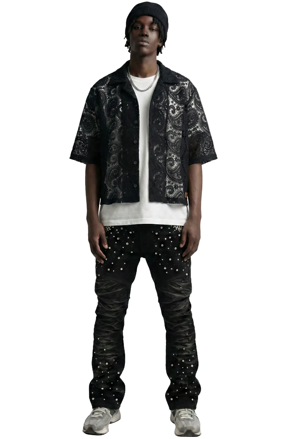 HELWIT Paisley Mesh Crop Top Short Sleeve Buttondown Shirt