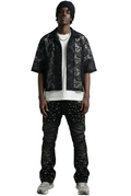 HELWIT Paisley Mesh Crop Top Short Sleeve Buttondown Shirt