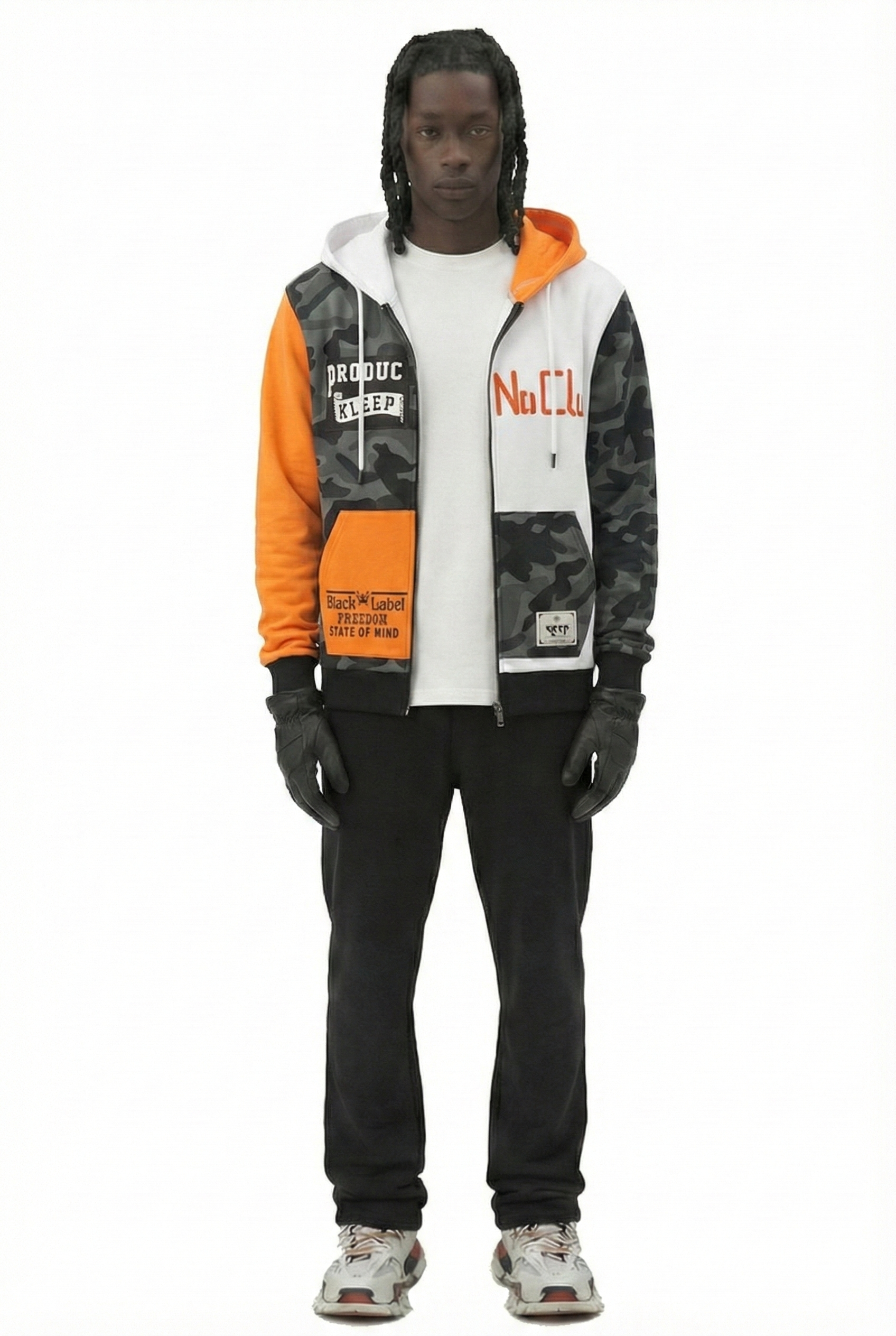 French Terry Zip Down Hoodie with Cut Block^&Patches&Prints