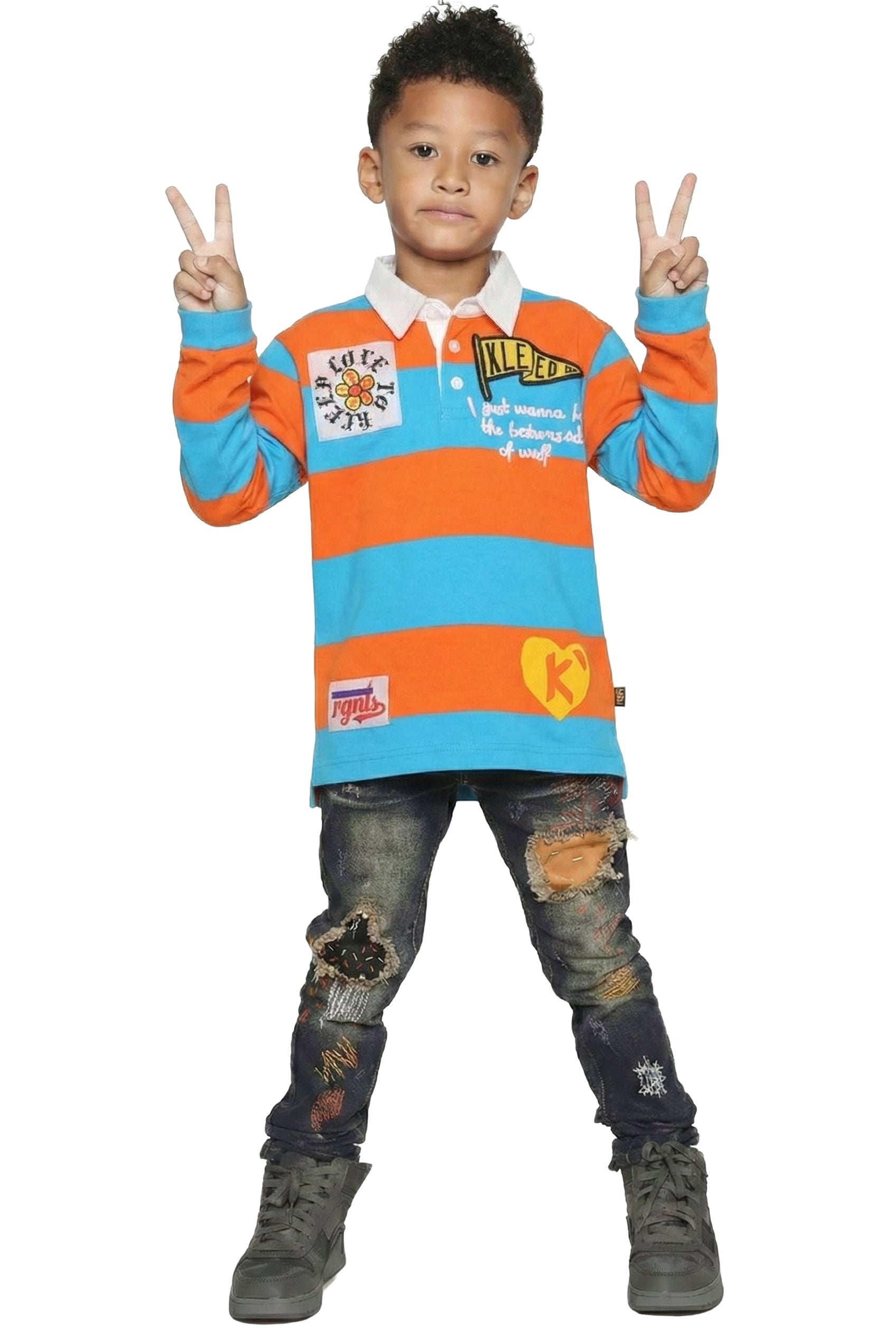 ZORA Kid's Long Sleeve Polo Shirt With Heavy Print Effects & Patch Works