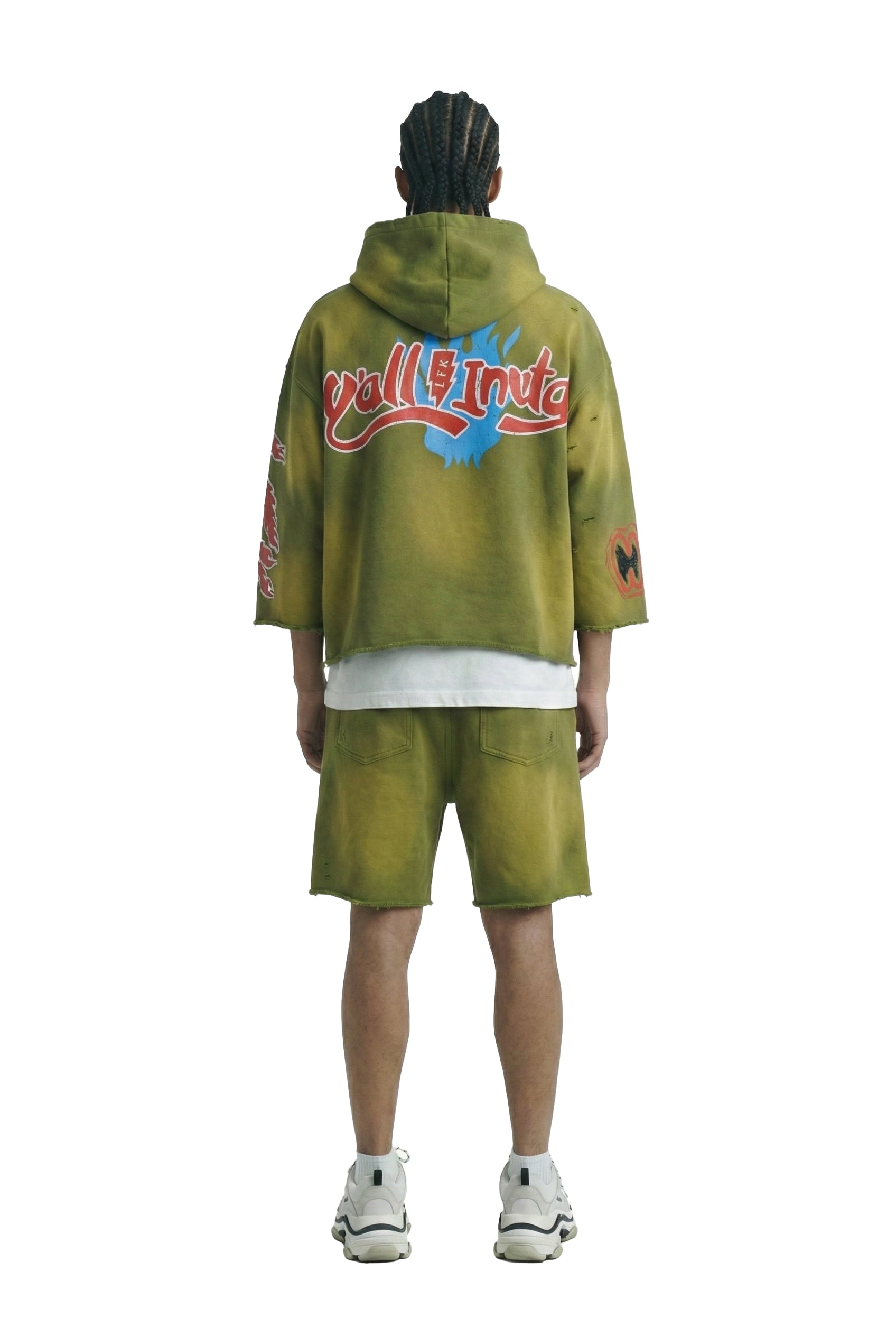 GARNIO French Terry 3/4 Sleeve Crop Top Pullover Hoodie