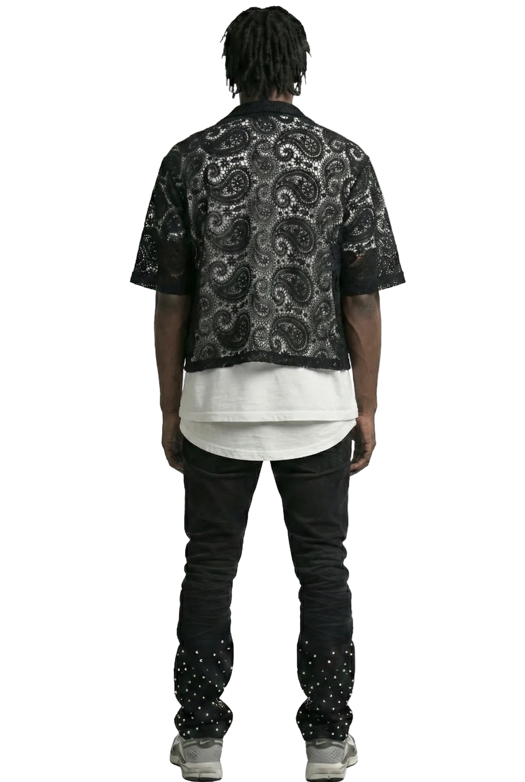 HELWIT Paisley Mesh Crop Top Short Sleeve Buttondown Shirt