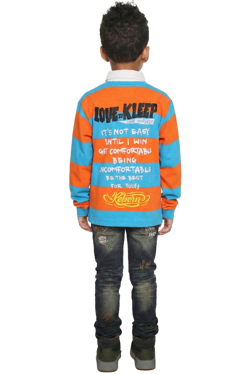 ZORA Kid's Long Sleeve Polo Shirt With Heavy Print Effects & Patch Works