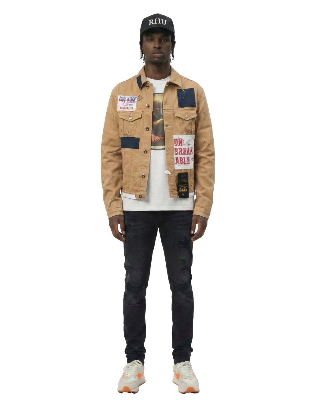 Antelope Men's graphic print patches with cut and sew cotton timber washed stretchable twill jacket