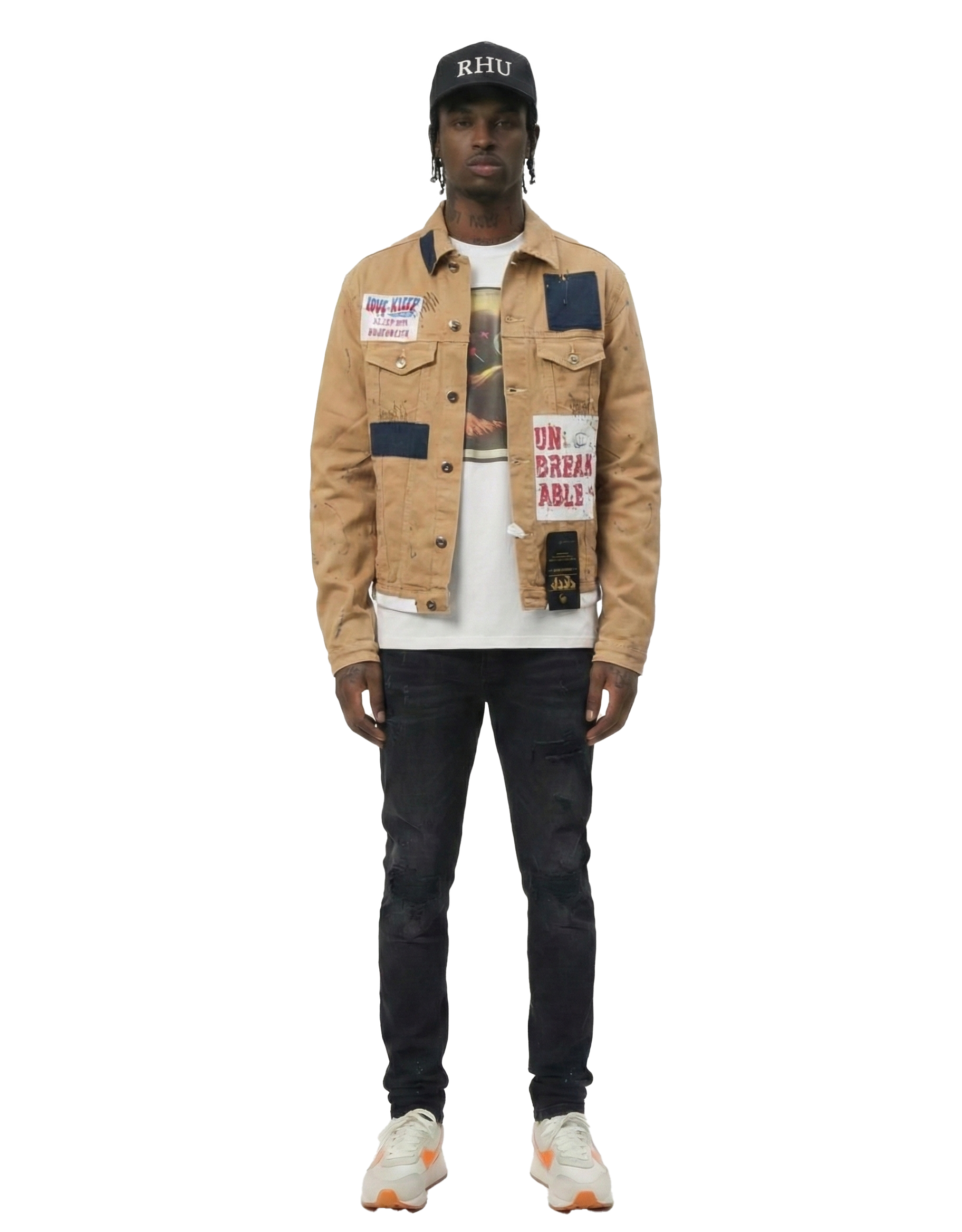 Antelope Men's graphic print patches with cut and sew cotton timber washed stretchable twill jacket